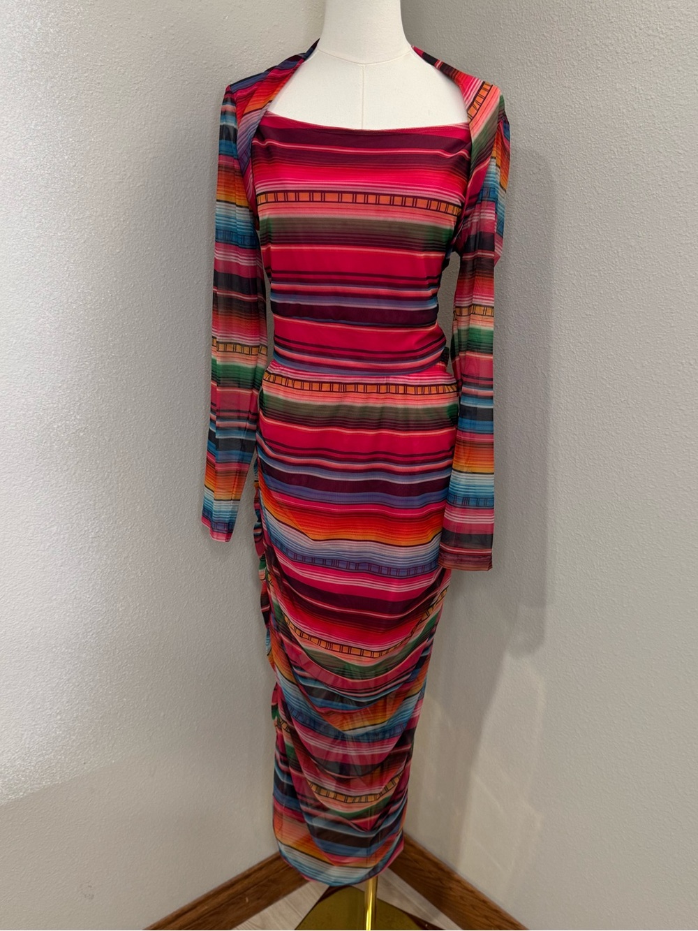 Southern Grace Abstract Stripe Bodycon Midi Set top & skirt ruched long sl M NWT